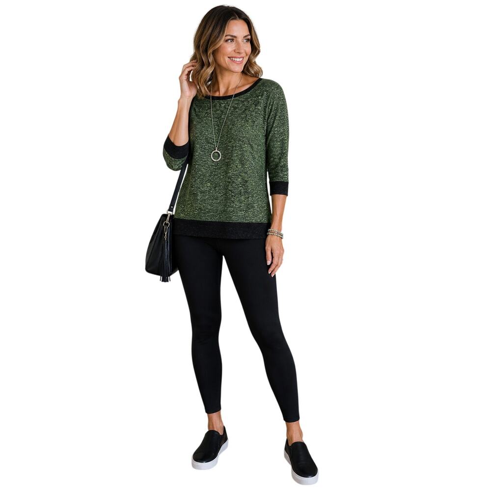 Pleats Collection Green Black Batwing Top Relaxed Fit Boatneck L XL